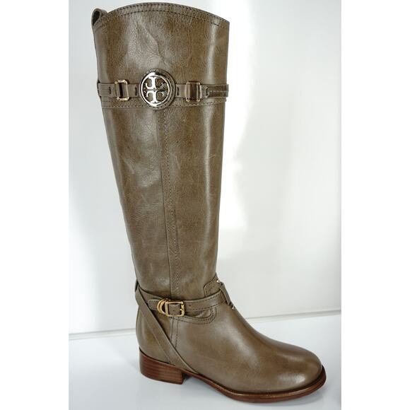 Tory Burch Beige Leather Calista Logo Knee Takk Riding Boots Size 5 Asphalt NIB - Picture 1 of 10